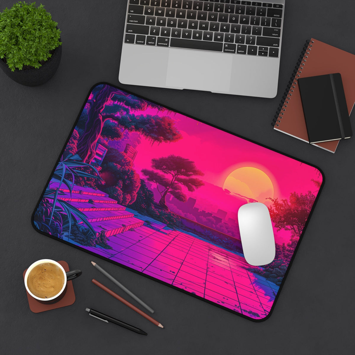 Pixel Art Deskmat Cyber Retro Mousepad Vaporwave Sunset, XL Track Pad 80S 90S Synthwave, 8 Bit Desk Mat Retrowave Anime Mouse Pad Vaporwave
