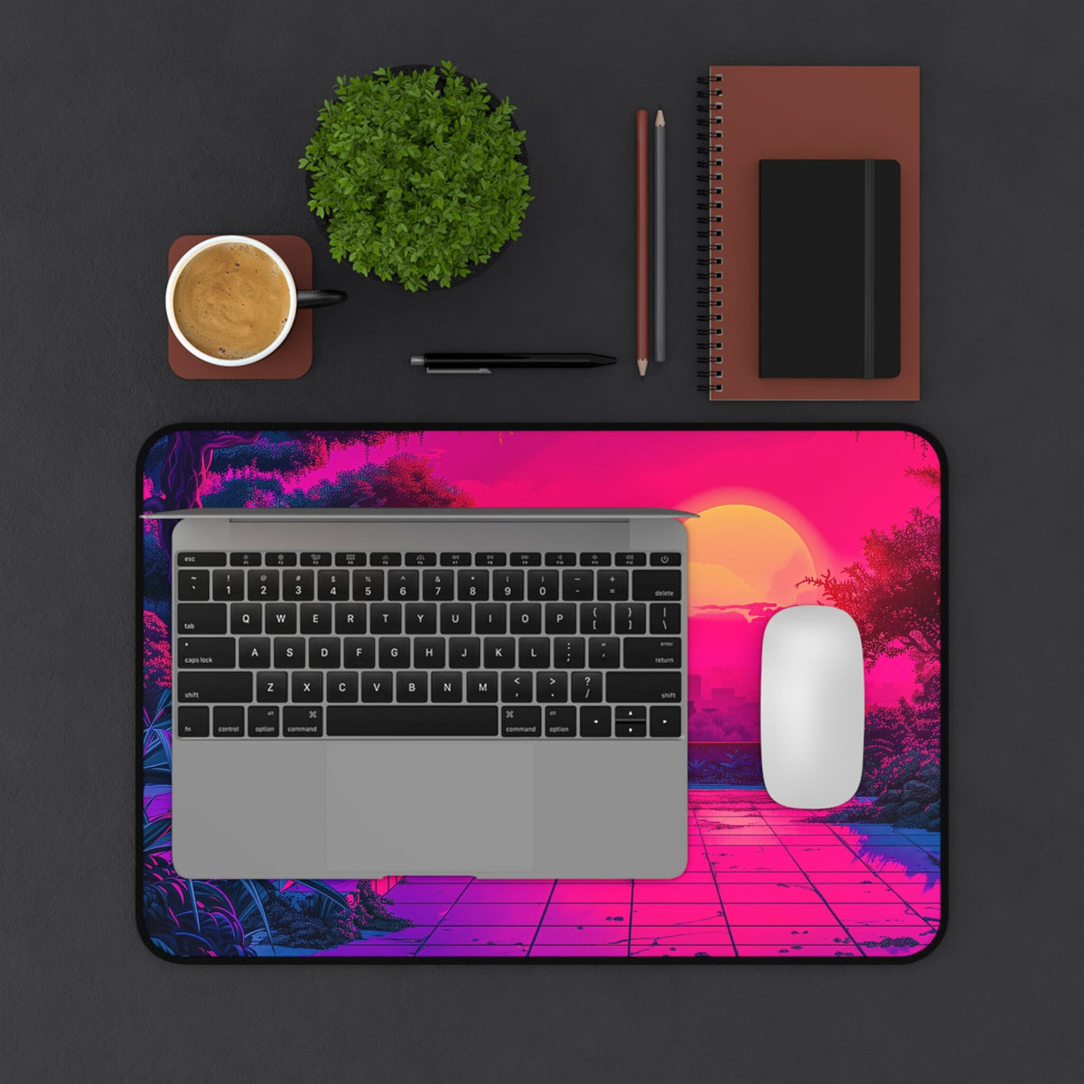 Pixel Art Deskmat Cyber Retro Mousepad Vaporwave Sunset, XL Track Pad 80S 90S Synthwave, 8 Bit Desk Mat Retrowave Anime Mouse Pad Vaporwave