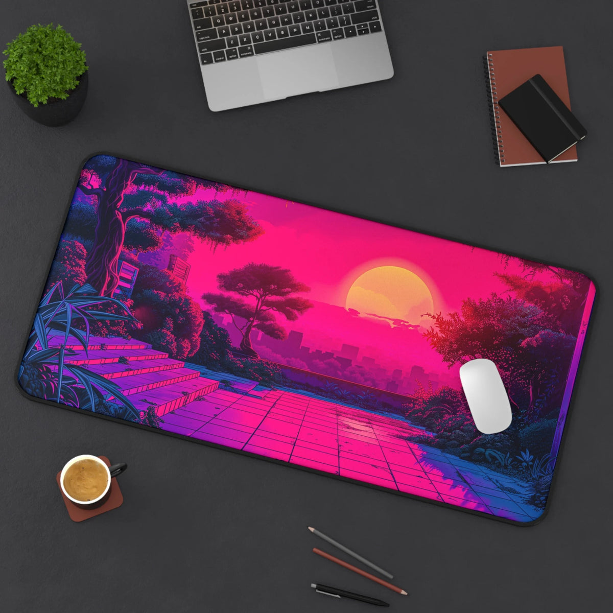 Pixel Art Deskmat Cyber Retro Mousepad Vaporwave Sunset, XL Track Pad 80S 90S Synthwave, 8 Bit Desk Mat Retrowave Anime Mouse Pad Vaporwave