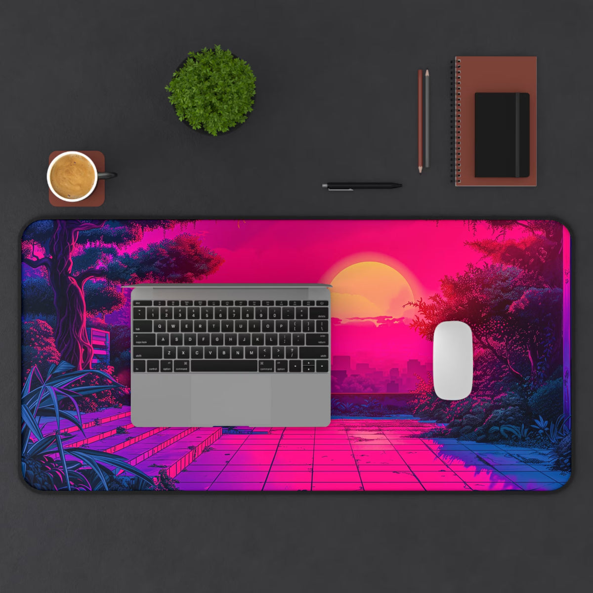 Pixel Art Deskmat Cyber Retro Mousepad Vaporwave Sunset, XL Track Pad 80S 90S Synthwave, 8 Bit Desk Mat Retrowave Anime Mouse Pad Vaporwave