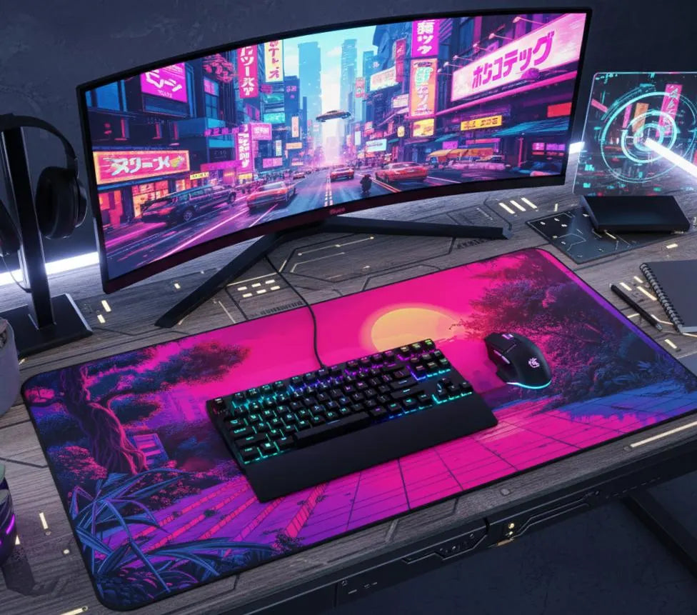 Pixel Art Deskmat Cyber Retro Mousepad Vaporwave Sunset, XL Track Pad 80S 90S Synthwave, 8 Bit Desk Mat Retrowave Anime Mouse Pad Vaporwave